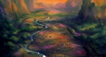 Movie still from “The Land Before Time” (1988), directed by Don Bluth – An aerial view of a valley with a river running through it; Extreme Wide shot, High angle