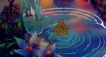 Movie still from “The Land Before Time” (1988), directed by Don Bluth – A painting of a bear sitting in the middle of a body of water surrounded by flowers; Extreme Wide shot, High angle
