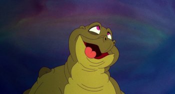 Movie still from “The Land Before Time” (1988), directed by Don Bluth – A frog with its mouth wide open; Close Up shot, Low angle