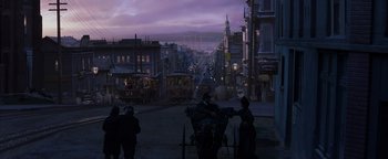 Movie still from “The Last Samurai” (2003), directed by Edward Zwick – A painting of a street scene with a horse and carriage; Extreme Wide shot, High angle