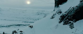 Movie still from “The Last Witch Hunter” (2015), directed by Breck Eisner – A group of skiers on a snowy slope; Extreme Wide shot, High angle