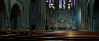 Movie still from “The Last Witch Hunter” (2015), directed by Breck Eisner – A church with stained glass windows and pews; Extreme Wide shot, High angle
