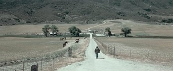 Movie still from “Rambo: Last Blood” (2019), directed by Adrian Grunberg – A man walking down a dirt road with horses grazing in the background; Extreme Wide shot, High angle