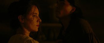 Movie still from “The Last of the Mohicans” (1992), directed by Michael Mann – A man and a woman looking at one another; Close Up shot, Over the shoulder angle