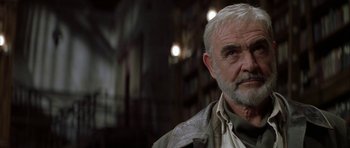 Movie still from “The League of Extraordinary Gentlemen” (2003), directed by Stephen Norrington – A man with white hair and a gray beard; Close Up shot, Low angle