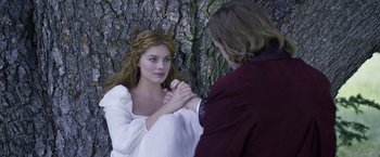 Movie still from “The Legend of Tarzan” (2016), directed by David Yates – A man and a woman holding each others hands; Medium shot, Over the shoulder angle