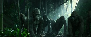 Movie still from “The Legend of Tarzan” (2016), directed by David Yates – A group of gorilla standing next to each other in the woods; Wide shot, Low angle