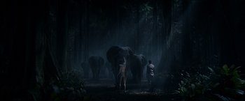 Movie still from “The Legend of Tarzan” (2016), directed by David Yates – A herd of elephants walking through a dark forest at night; Extreme Wide shot, Low angle