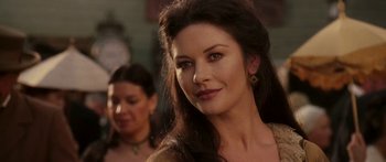 Movie still from “The Legend of Zorro” (2005), directed by Martin Campbell – A person with long dark hair; Close Up shot, Over the shoulder angle