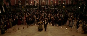 Movie still from “The Legend of Zorro” (2005), directed by Martin Campbell – A large group of people standing in front of a building; Extreme Wide shot, High angle