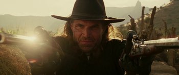 Movie still from “The Legend of Zorro” (2005), directed by Martin Campbell – A person wearing a hat; Close Up shot, Low angle