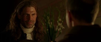 Movie still from “The Legend of Zorro” (2005), directed by Martin Campbell – A person with long hair; Close Up shot, Over the shoulder angle