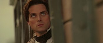 Movie still from “The Legend of Zorro” (2005), directed by Martin Campbell – A person looking up at something; Close Up shot, Low angle