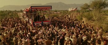 Movie still from “The Legend of Zorro” (2005), directed by Martin Campbell – A large crowd of people gathered in a field; Extreme Wide shot, High angle