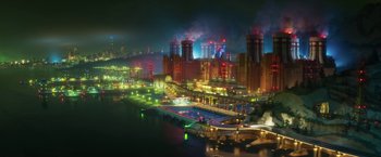 Movie still from “The Lego Batman Movie” (2017), directed by Chris McKay – An aerial view of an industrial area at night time; Extreme Wide shot, High angle