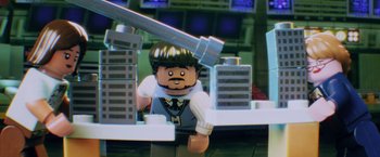Movie still from “The Lego Batman Movie” (2017), directed by Chris McKay – A man that is made out of legos; Extreme Close Up shot, Over the shoulder angle