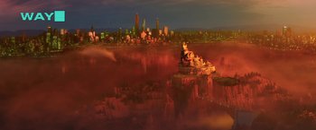 Movie still from “The Lego Batman Movie” (2017), directed by Chris McKay – An aerial view of a city at night with lights on; Extreme Wide shot, High angle