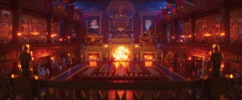 Movie still from “The Lego Batman Movie” (2017), directed by Chris McKay – A fire is burning in the middle of a room; Extreme Wide shot, High angle