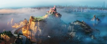 Movie still from “The Lego Batman Movie” (2017), directed by Chris McKay – An image of a castle on the top of a cliff; Extreme Wide shot, High angle