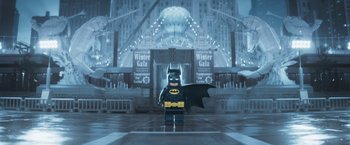 Movie still from “The Lego Batman Movie” (2017), directed by Chris McKay – A lego batman character standing in front of an ice rink; Wide shot, High angle