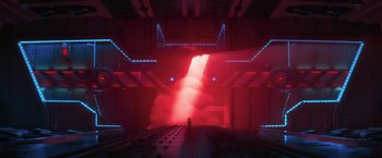 Movie still from “The Lego Batman Movie” (2017), directed by Chris McKay – A man standing in a room with a light beam coming out of it; Extreme Wide shot, Low angle