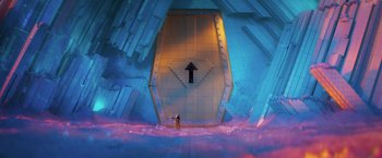 Movie still from “The Lego Batman Movie” (2017), directed by Chris McKay – An image of a person standing in front of a giant clock; Extreme Wide shot, Overhead angle