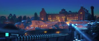 Movie still from “The Lego Batman Movie” (2017), directed by Chris McKay – A large building with lights in the night sky; Extreme Wide shot, Low angle