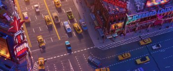 Movie still from “The Lego Batman Movie” (2017), directed by Chris McKay – An aerial view of a city street with taxis and cars on it; Extreme Wide shot, High angle