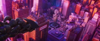 Movie still from “The Lego Batman Movie” (2017), directed by Chris McKay – A view of a city from above at night time; Extreme Wide shot, Low angle