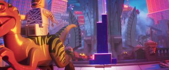 Movie still from “The Lego Batman Movie” (2017), directed by Chris McKay – A toy tiger sitting in front of a neon lit building; Wide shot, Over the shoulder angle