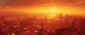 Movie still from “The Lego Batman Movie” (2017), directed by Chris McKay – An image of an orange sunset with a bridge in the background; Extreme Wide shot, High angle