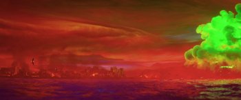 Movie still from “The Lego Batman Movie” (2017), directed by Chris McKay – An oil painting of a red sky with a city in the background; Extreme Wide shot, Low angle