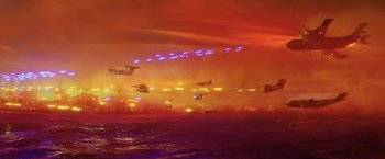 Movie still from “The Lego Batman Movie” (2017), directed by Chris McKay – A group of planes flying in the sky at night; Extreme Wide shot, High angle