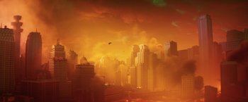 Movie still from “The Lego Batman Movie” (2017), directed by Chris McKay – A bird flying over a large city in the clouds; Extreme Wide shot, High angle