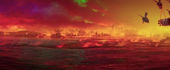 Movie still from “The Lego Batman Movie” (2017), directed by Chris McKay – A painting of a city on a red sky; Extreme Wide shot, High angle