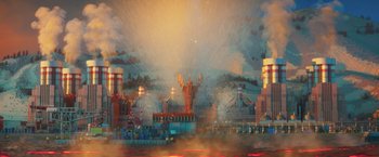 Movie still from “The Lego Batman Movie” (2017), directed by Chris McKay – An artistic picture of a city with a statue of liberty in the background; Extreme Wide shot, High angle