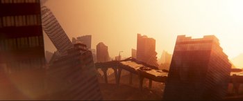 Movie still from “The Lego Movie 2: The Second Part” (2019), directed by Mike Mitchell – An image of an abandoned city in the middle of the day; Extreme Wide shot, High angle