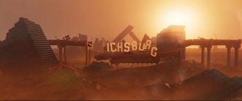 Movie still from “The Lego Movie 2: The Second Part” (2019), directed by Mike Mitchell – An image of an image that is being used to describe a city; Extreme Wide shot, Overhead angle