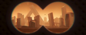 Movie still from “The Lego Movie 2: The Second Part” (2019), directed by Mike Mitchell – A view of a large city from a telescope; Extreme Close Up shot, High angle