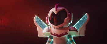 Movie still from “The Lego Movie 2: The Second Part” (2019), directed by Mike Mitchell – A toy robot with a neon light; Medium shot, Low angle