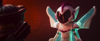 Movie still from “The Lego Movie 2: The Second Part” (2019), directed by Mike Mitchell – A toy figure in a space suit; Medium shot, Over the shoulder angle