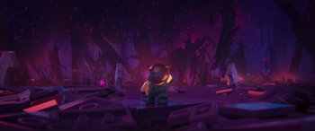 Movie still from “The Lego Movie 2: The Second Part” (2019), directed by Mike Mitchell – An image of an animated character in the dark setting; Extreme Wide shot, High angle