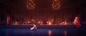 Movie still from “The Lego Movie 2: The Second Part” (2019), directed by Mike Mitchell – A scene of a room that has candles on the floor; Extreme Wide shot, High angle