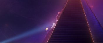 Movie still from “The Lego Movie 2: The Second Part” (2019), directed by Mike Mitchell – A person riding a skate board down a flight of stairs; Extreme Wide shot, High angle