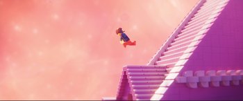 Movie still from “The Lego Movie 2: The Second Part” (2019), directed by Mike Mitchell – A lego figure is flying over a set of stairs; Extreme Wide shot, Low angle