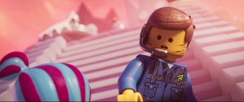 Movie still from “The Lego Movie 2: The Second Part” (2019), directed by Mike Mitchell – A lego figure in a helmet; Close Up shot, Over the shoulder angle