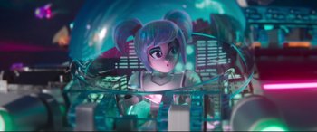 Movie still from “The Lego Movie 2: The Second Part” (2019), directed by Mike Mitchell – A toy doll is in the water in a city; Wide shot, Over the shoulder angle