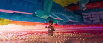 Movie still from “The Lego Movie 2: The Second Part” (2019), directed by Mike Mitchell – A lego man that is standing in a room; Extreme Wide shot, Overhead angle