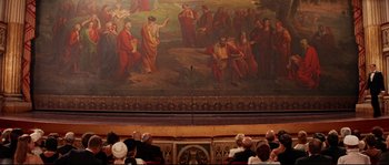 Movie still from “The Life Aquatic with Steve Zissou” (2004), directed by Wes Anderson – A large painting on the side of the wall of a church; Extreme Wide shot, High angle