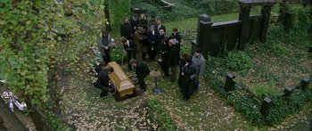 Movie still from “The Lives of Others” (2006), directed by Florian Henckel von Donnersmarck – A group of people gathered around a casket in a cemetery; Wide shot, High angle